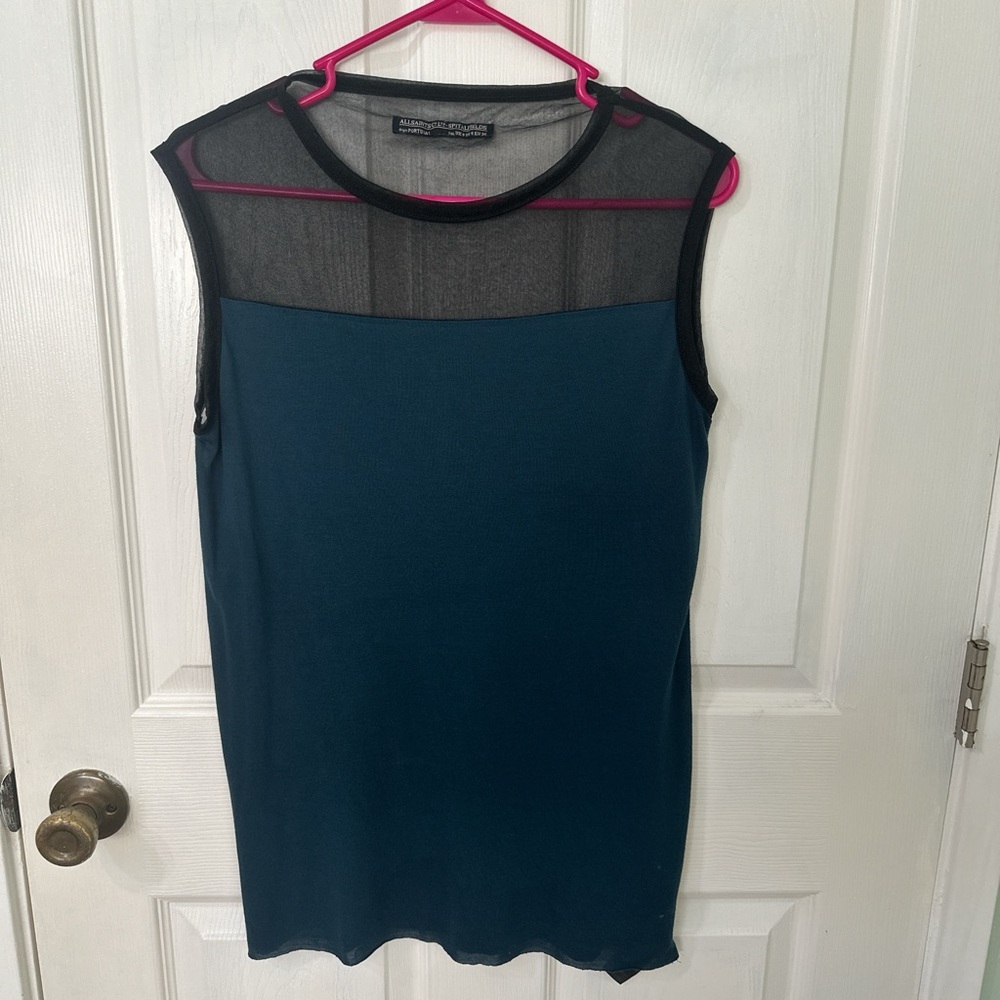 All Saints Black and Teal Mesh Tank Top with Raw Hem